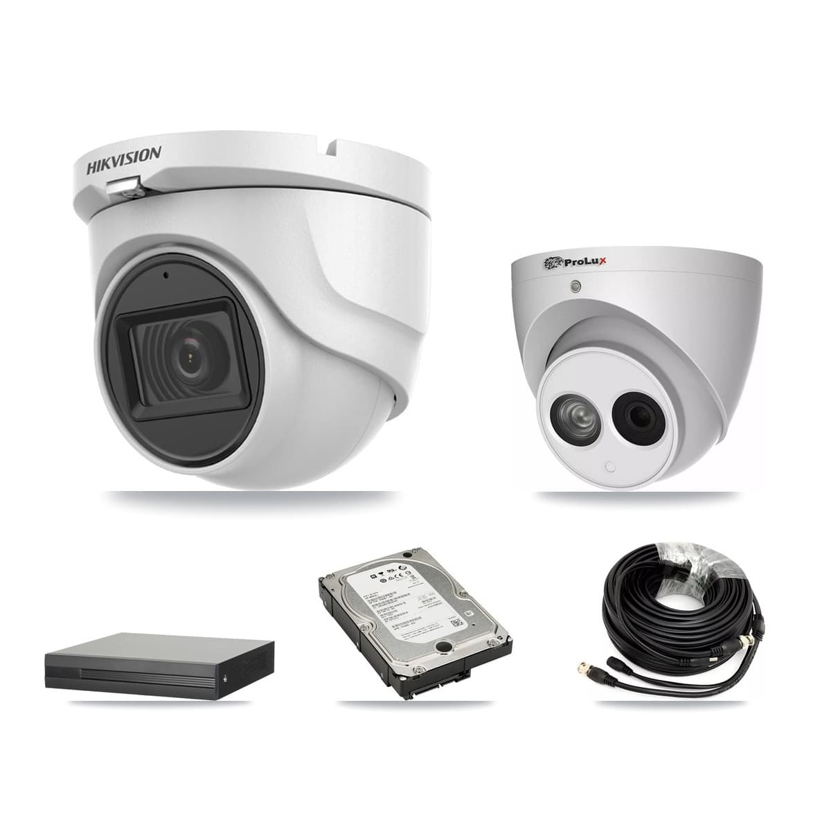 Hikvision & Prolux 4-Channel 4MP – 5MP CCTV Kit — 2 DS-2CE76H0T 5MP + 2 PXC-612C4W-A 4MP Turret Cameras + 5TB Recording - Image 1