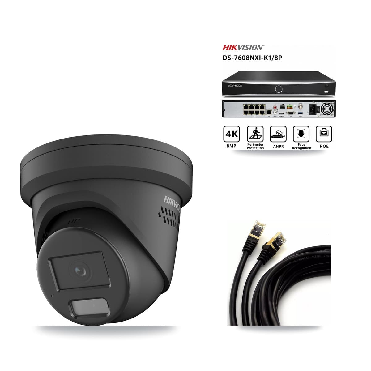 Hikvision 8-Channel 4MP CCTV Kit — 2 Black Turret Cameras + 3TB Recording (DS-7608NXI Recorder)
