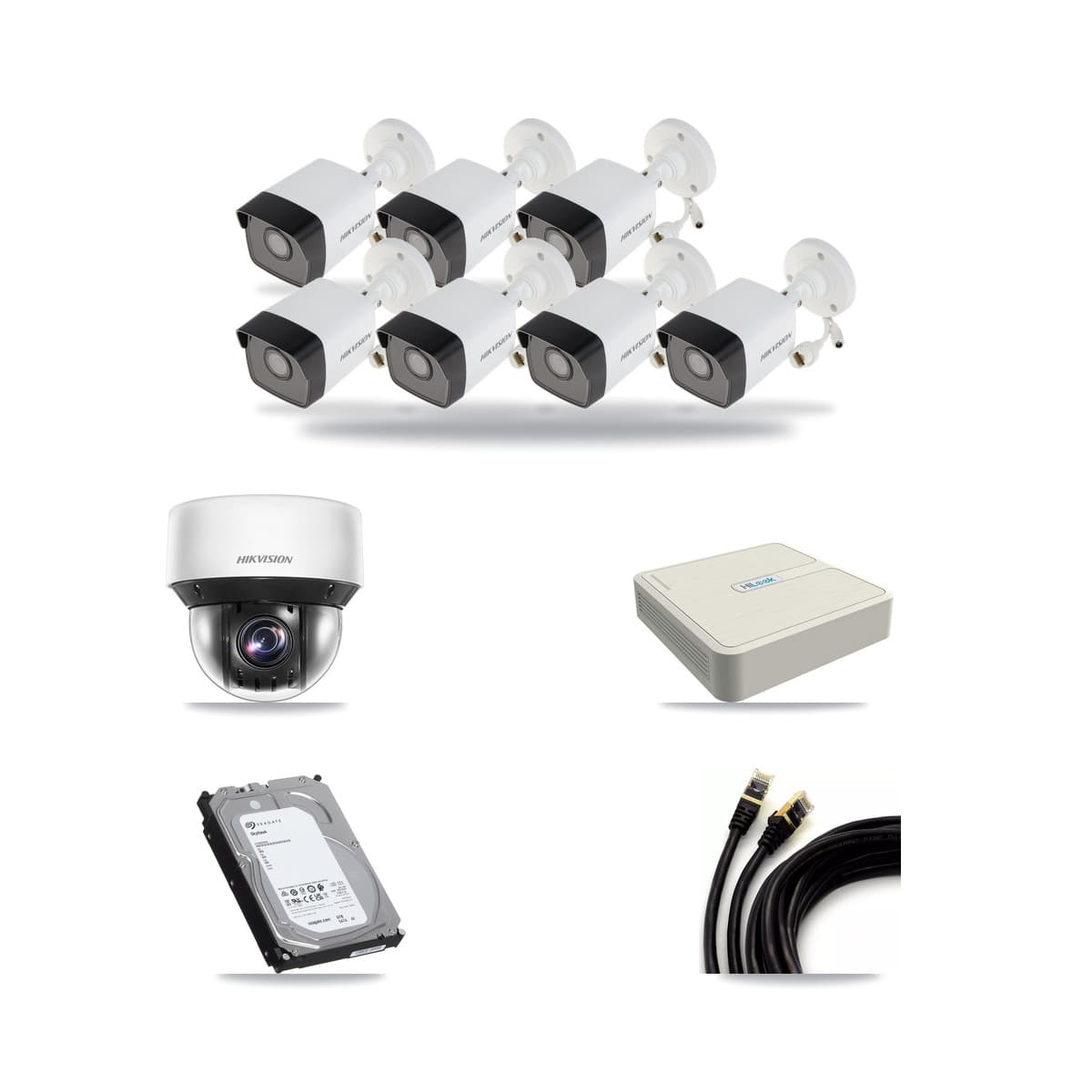 Hikvision & HiLook 8-Channel 4MP – 5MP CCTV Kit — 7 DS-2CD1053G0 5MP Bullet + 1 DS-2DE4A425IW 4MP PTZ Cameras + 6TB Recording - Image 1