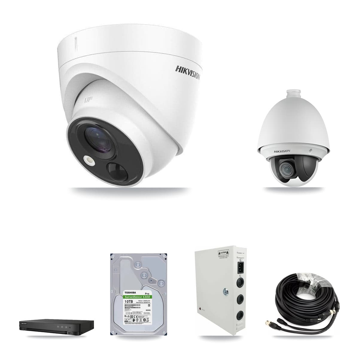 Hikvision 8-Channel 2MP – 5MP CCTV Kit — 1 DS-2AE4225T 2MP PTZ + 7 DS-2CE71H0T 5MP Turret Cameras + 10TB Recording (IDS-7208HQHI Recorder)
