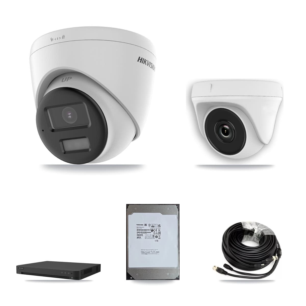 Hikvision iDS-7216HUHI-M2/XT 16-Channel DVR CCTV Kit — 4× DS-2CE78U0T-LPTS 4K Turret + 4× HDT-2MP-N20W-2.8MM White 2MP Dome Cameras + 14TB HDD