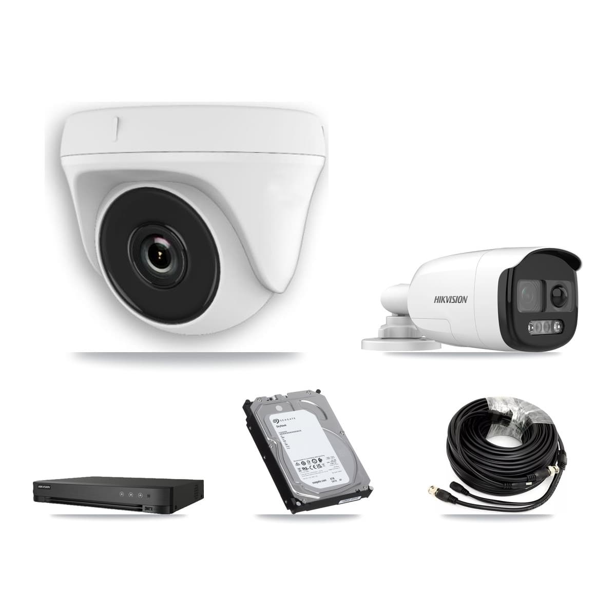 Hikvision 8-Channel 2MP – 5MP CCTV Kit — 1 DS-2CE12KF3T 5MP Bullet + 7 White HDT-2MP-N20W 2MP Dome Cameras + 6TB Recording (IDS-7208HQHI Recorder)