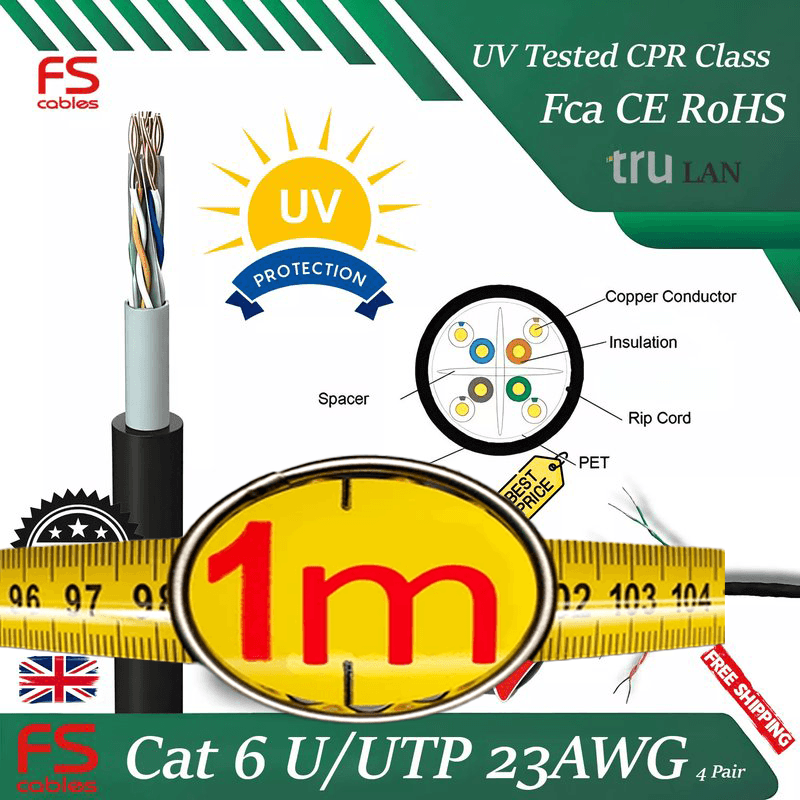 RJ45 CAT6 U/UTP Outdoor Ethernet Cable 1m Reel Black 23AWG Solid Copper