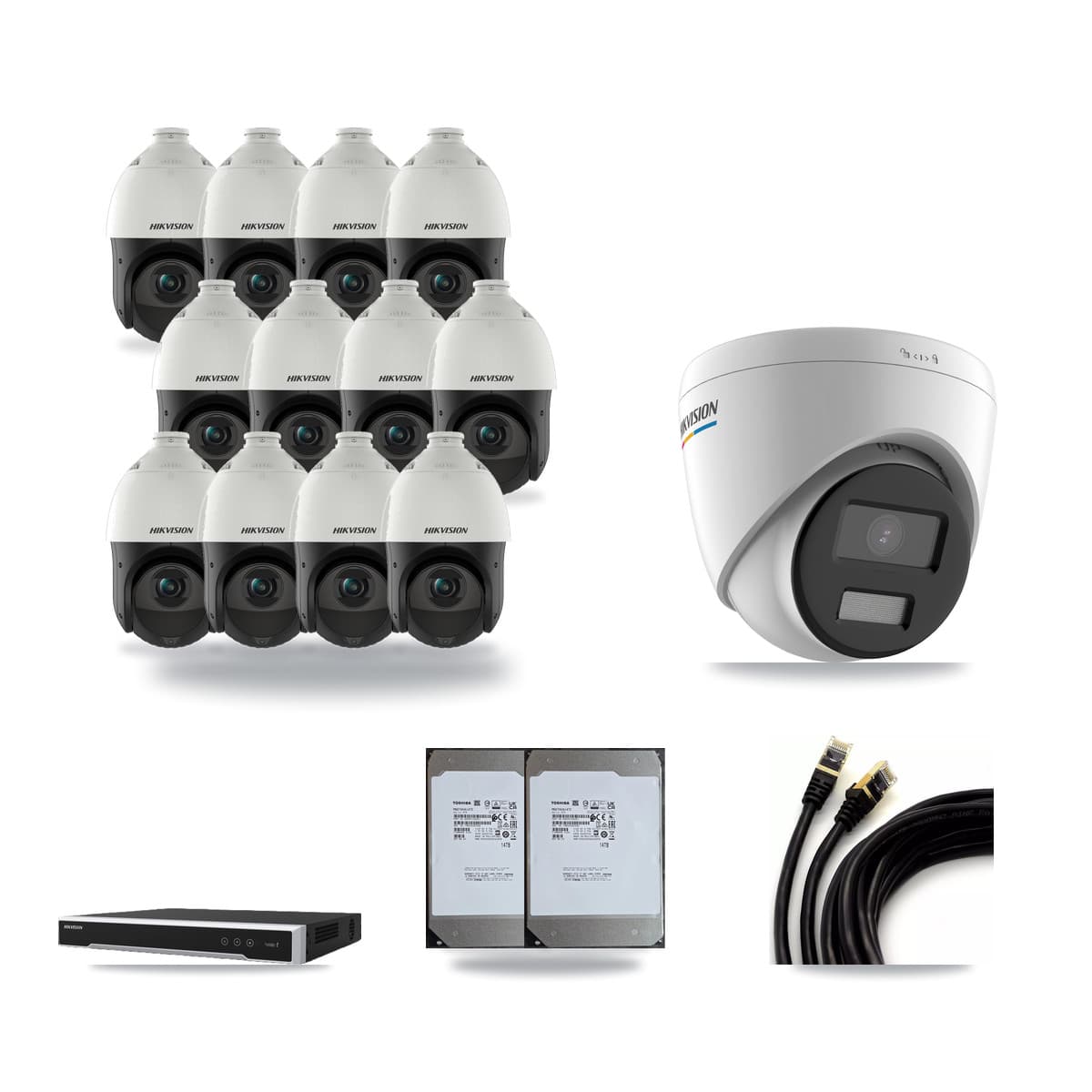 Hikvision 16-Channel 2MP – 4MP CCTV Kit — 1 2MP Turret + 12 4MP PTZ Cameras + 2× 14TB Recording (DS-7616NI-M2 Recorder) - Image 1