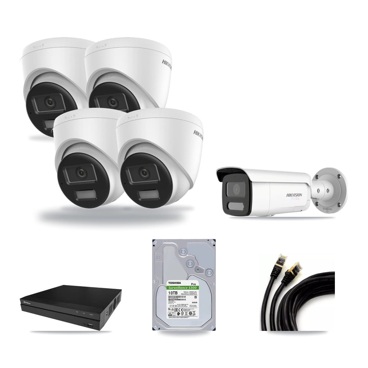 Hikvision & Prolux 8-Channel 4K CCTV Kit — 4 DS-2CD1383G2-LIU Turret + 1 White DS-2CD2T87G2H-LISU/SL-2.8MM-W Bullet Cameras + 10TB Recording (PXN-2108HS-8P-4K Recorder) - Image 1