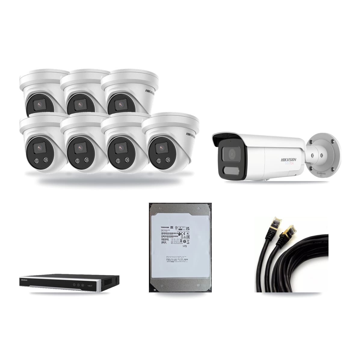 Hikvision 16-Channel 5MP – 4K CCTV Kit — 1 White 4K Bullet + 7 5MP Turret Cameras + 14TB Recording (DS-7616NI-M2 Recorder) - Image 1