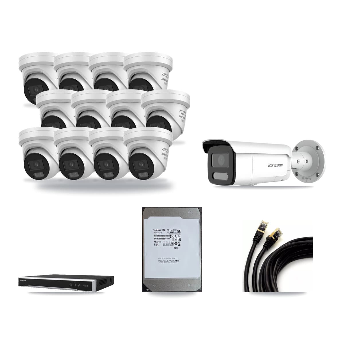 Hikvision 16-Channel 4MP CCTV Kit — 12 DS-2CD2347G3 Turret + 1 DS-2CD2T47G2H Bullet Cameras + 14TB Recording - Image 1