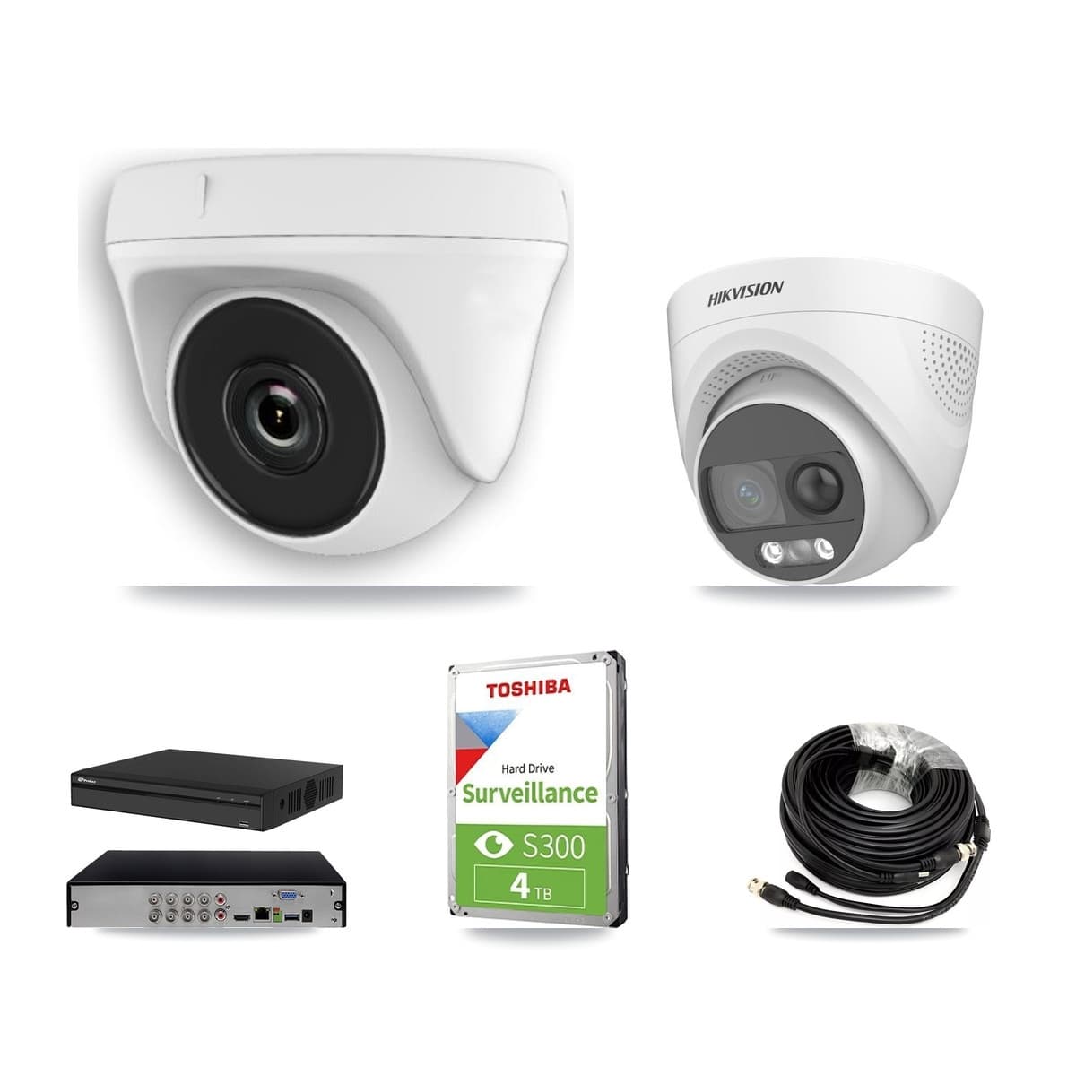 Hikvision & Prolux 8-Channel 2MP – 5MP CCTV Kit — 1 DS-2CE72KF3T 5MP Turret + 4 White HDT-2MP-N20W 2MP Dome Cameras + 4TB Recording
