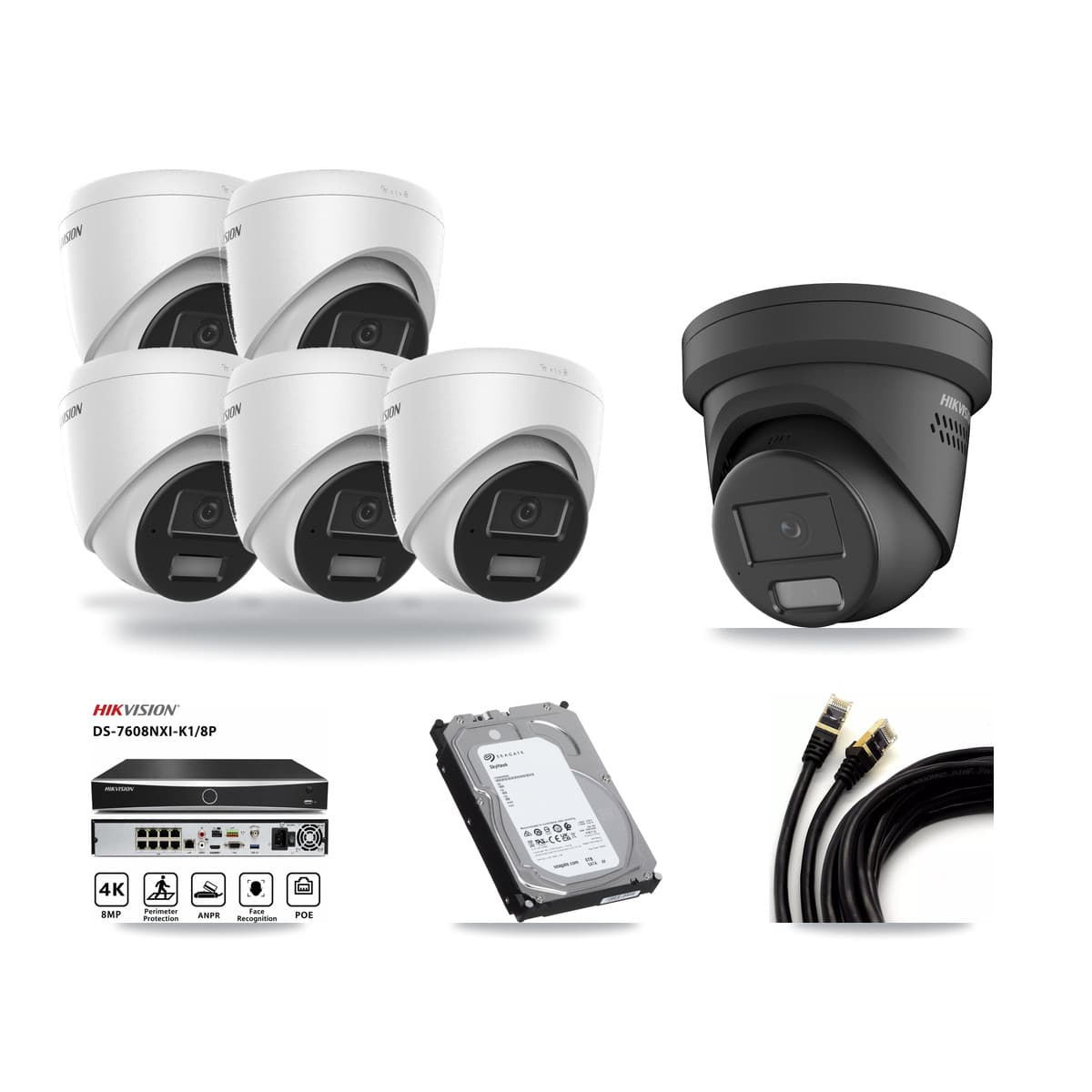 Hikvision 8-Channel 4MP CCTV Kit — 5 DS-2CD1343G2 + 1 DS-2CD2347G2 Turret Cameras + 6TB Recording - Image 1