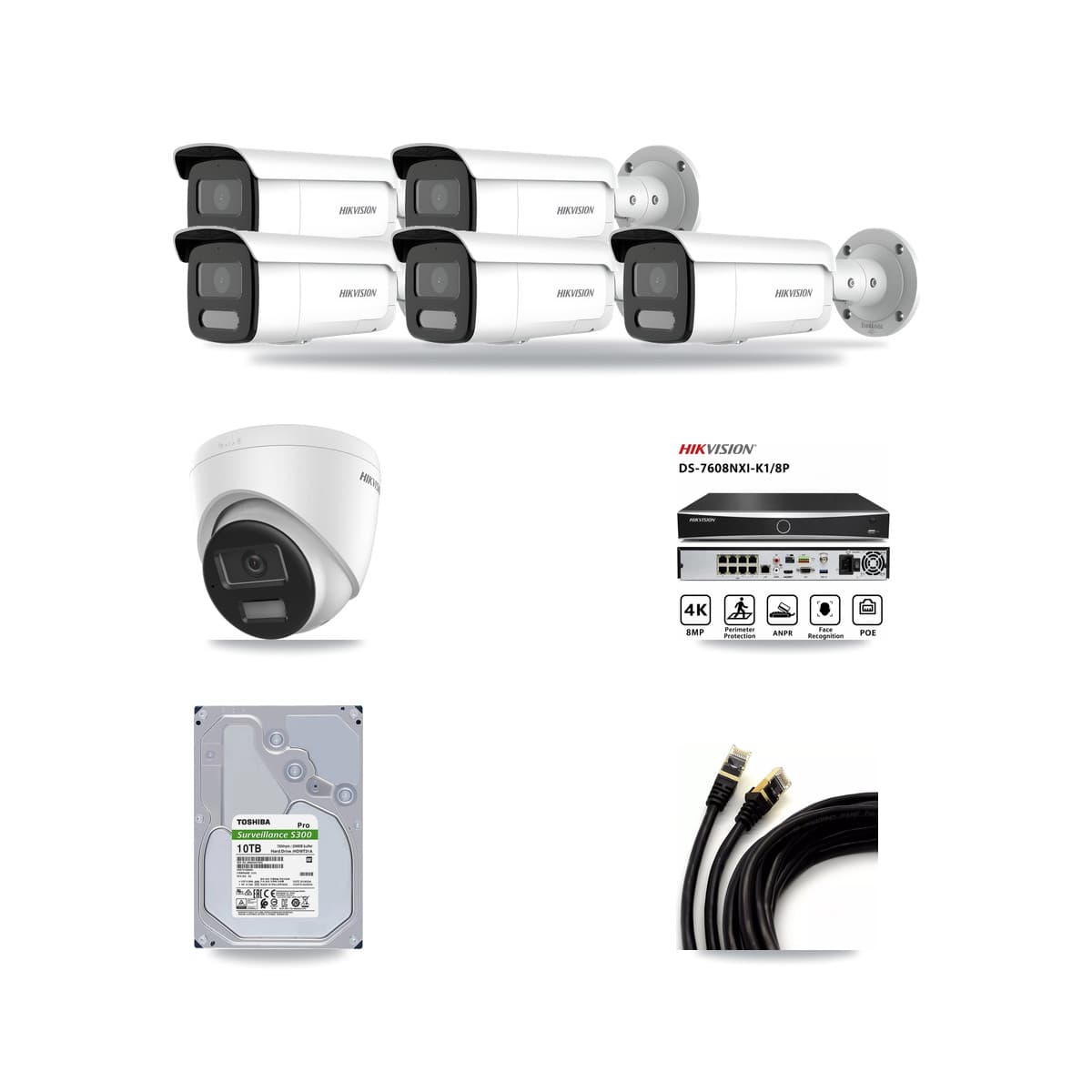 Hikvision 8-Channel 4MP – 4K CCTV Kit — 1 DS-2CD1383G2-LIU 4K Turret + 5 DS-2CD2T47G2H-LISU/SL 4MP Bullet Cameras + 10TB Recording (DS-7608NXI-K1/8P Recorder) - Image 1