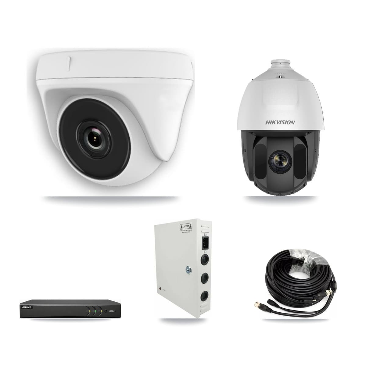 Hikvision & ANNKE 4-Channel 2MP CCTV Kit — 1 DS-2AE5225TI PTZ + 3 White HDT-2MP-N20W Dome Cameras + 3TB Recording