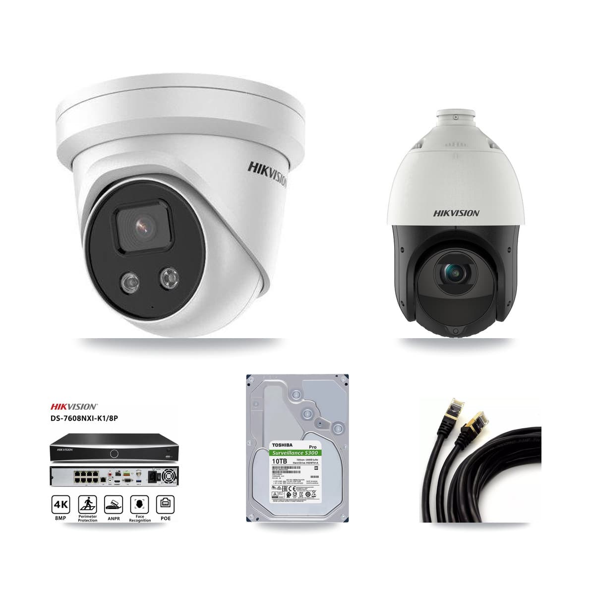 Hikvision 8-Channel 4MP – 5MP CCTV Kit — 7 5MP Turret + 1 4MP PTZ Cameras + 10TB Recording