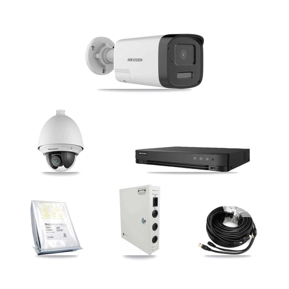 Hikvision 8-Channel 2MP – 5MP CCTV Kit — 1 DS-2AE4225T-A 2MP PTZ + 5 DS-2CE17K0T-LXTS 5MP Bullet Cameras + 8TB Recording (IDS-7208HUHI-M1/E Recorder)