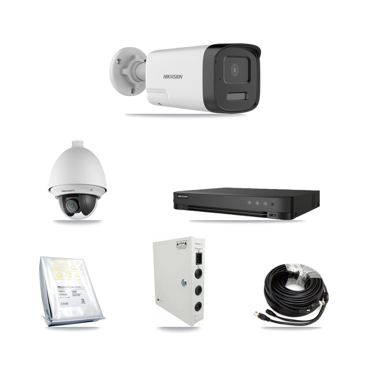 Hikvision 8-Channel 2MP – 5MP CCTV Kit — 1 DS-2AE4225T-A 2MP PTZ + 5 DS-2CE17K0T-LXTS 5MP Bullet Cameras + 8TB Recording (IDS-7208HUHI-M1/E Recorder) - Image 1