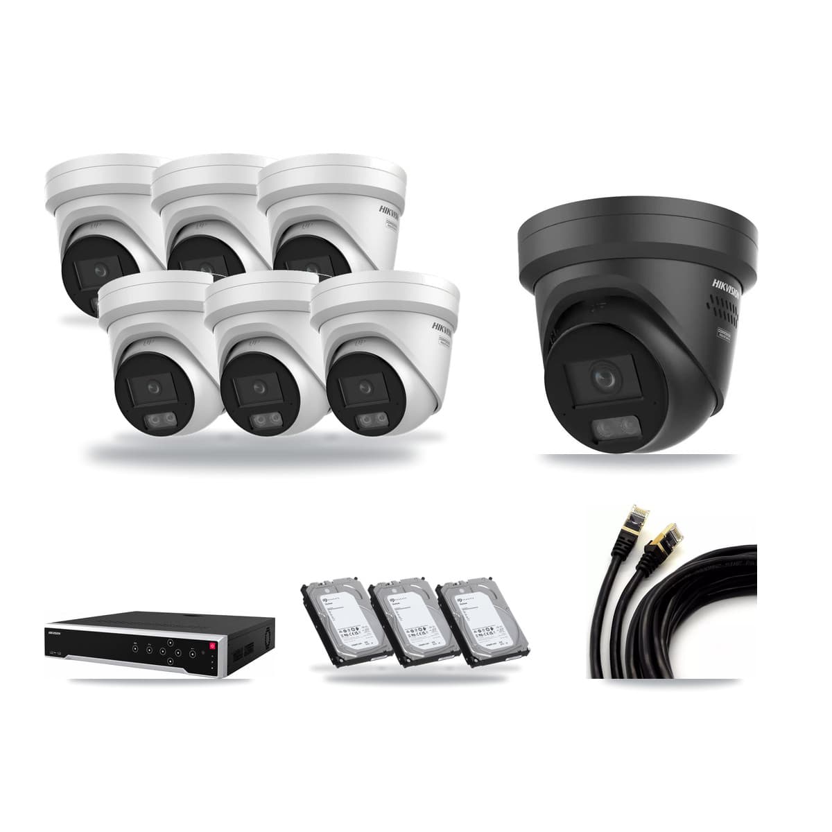 Hikvision 32-Channel 4K CCTV Kit — 6 + 1 Black Turret Cameras + 3× 6TB Recording - Image 1