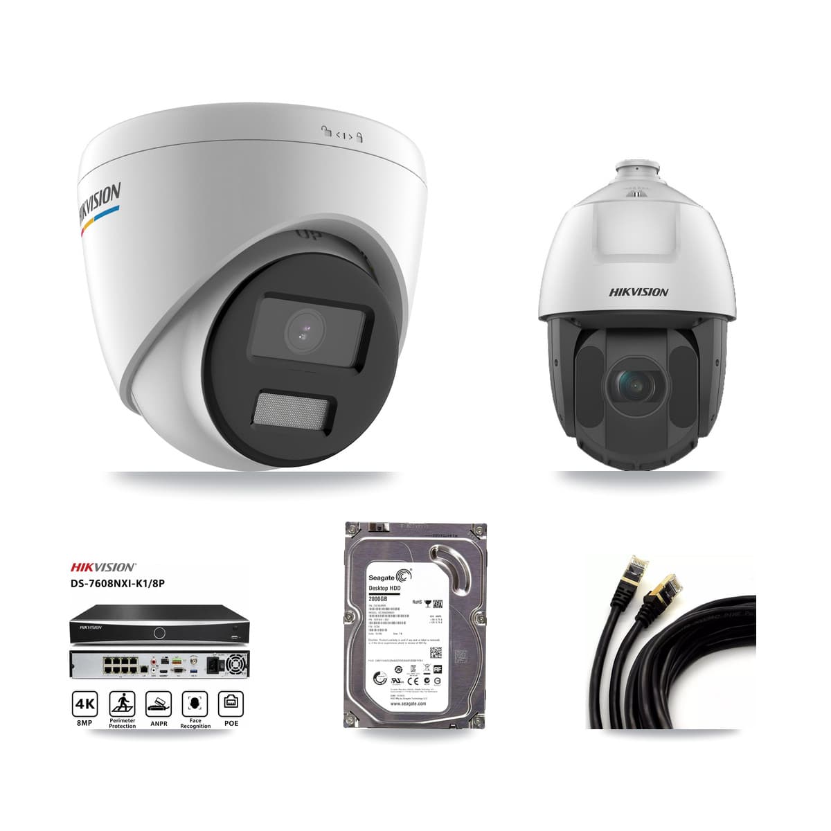 Hikvision 8-Channel 2MP CCTV Kit — 2 Turret + 1 PTZ Cameras + 2TB Recording (DS-7608NXI Recorder)