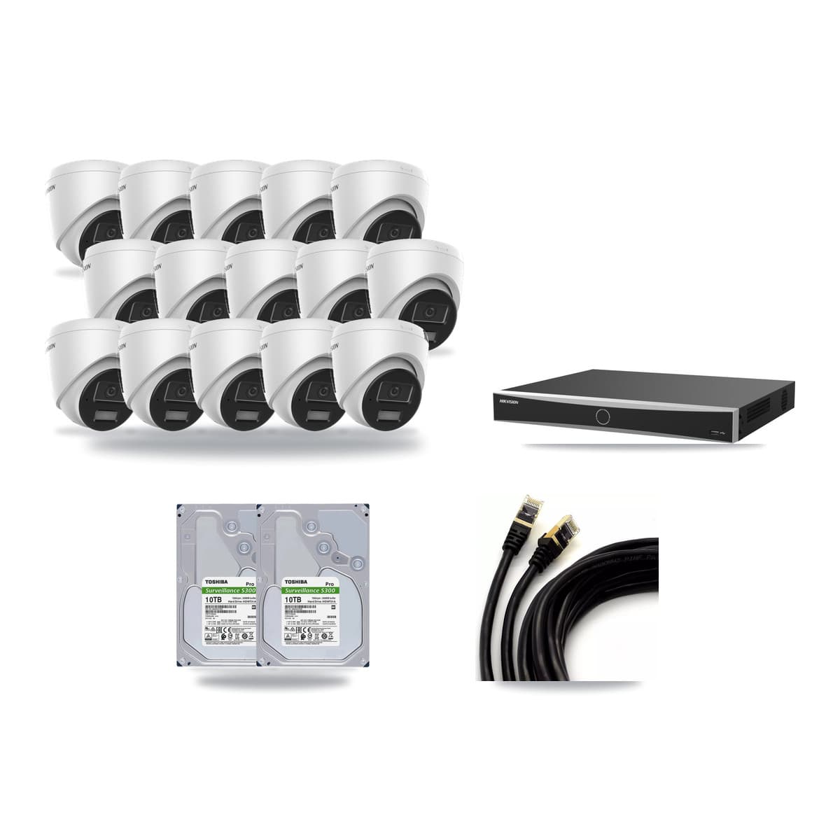 Hikvision 16-Channel 4MP CCTV Kit — 15 DS-2CD1343G2 Turret Cameras + 2× 10TB Recording (DS-7616NXI Recorder) - Image 1