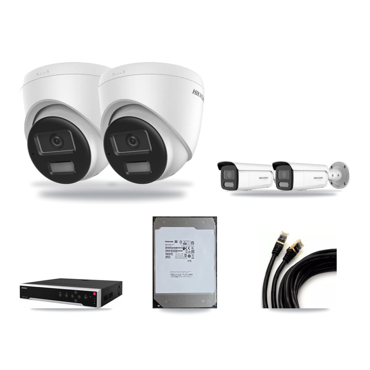Hikvision 32-Channel 4K CCTV Kit — 2 DS-2CD1383G2-LIUF/SL Turret + 2 White DS-2CD2T87G2H-LISU/SL-2.8MM-W Bullet Cameras + 14TB Recording (DS-7732NI-M4/24P Recorder) - Image 1