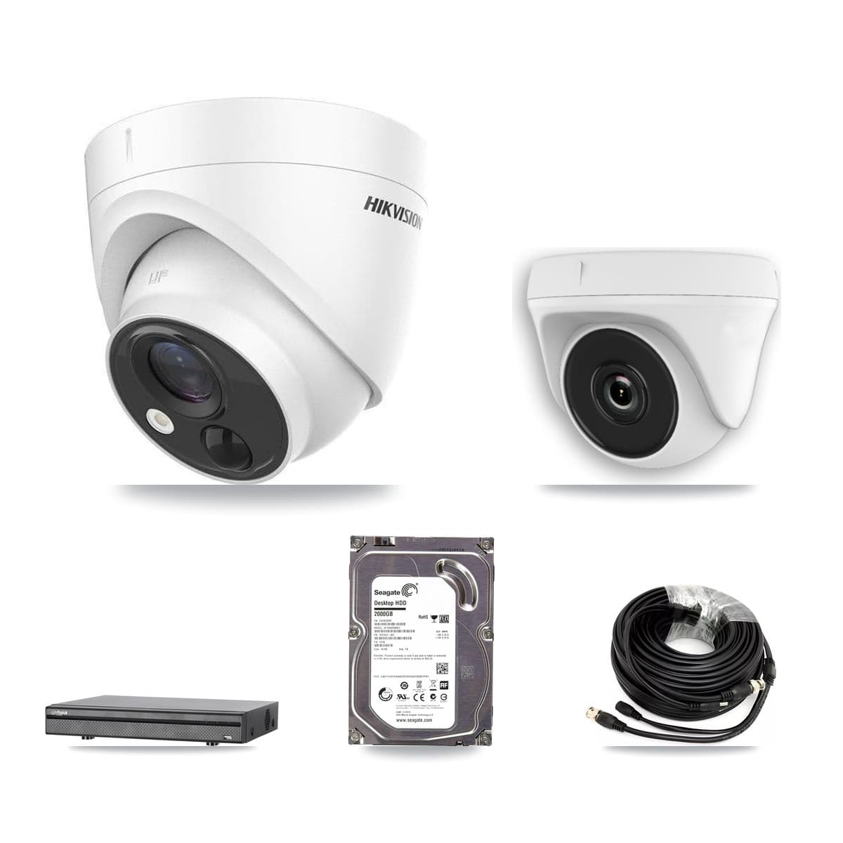 Hikvision & Dahua 8-Channel 2MP – 5MP CCTV Kit — 1 DS-2CE71H0T 5MP Turret + 1 White HDT-2MP-N20W 2MP Dome Cameras + 2TB Recording (DH-XVR5108H Recorder) - Image 1