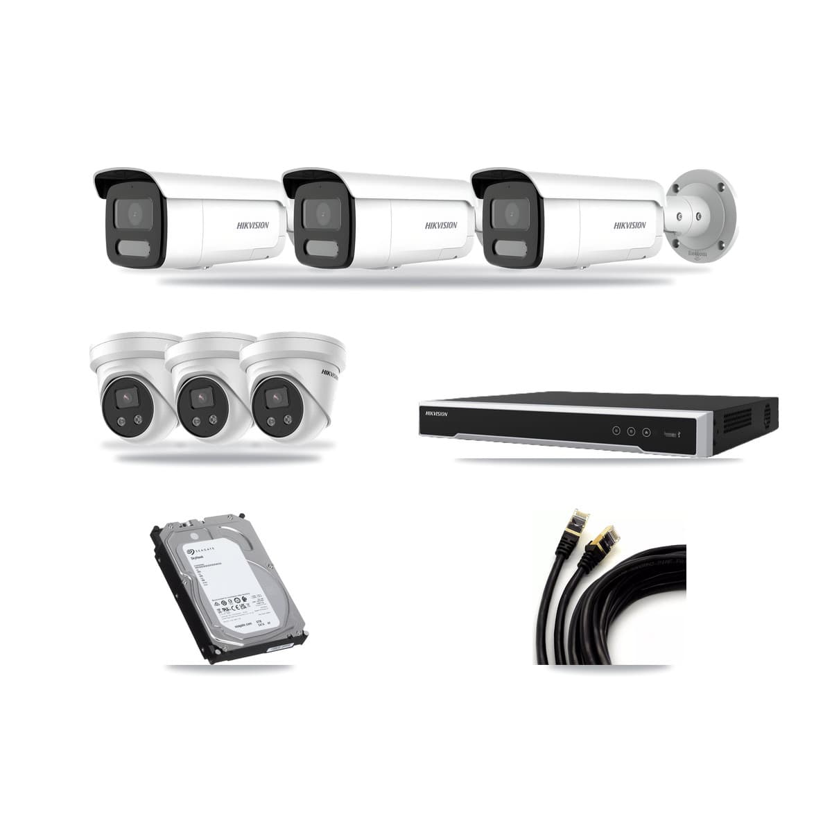 Hikvision 8-Channel 4MP – 5MP CCTV Kit — 3 4MP Bullet + 3 5MP Turret Cameras + 6TB Recording (DS-7608NI-M2 Recorder) - Image 1
