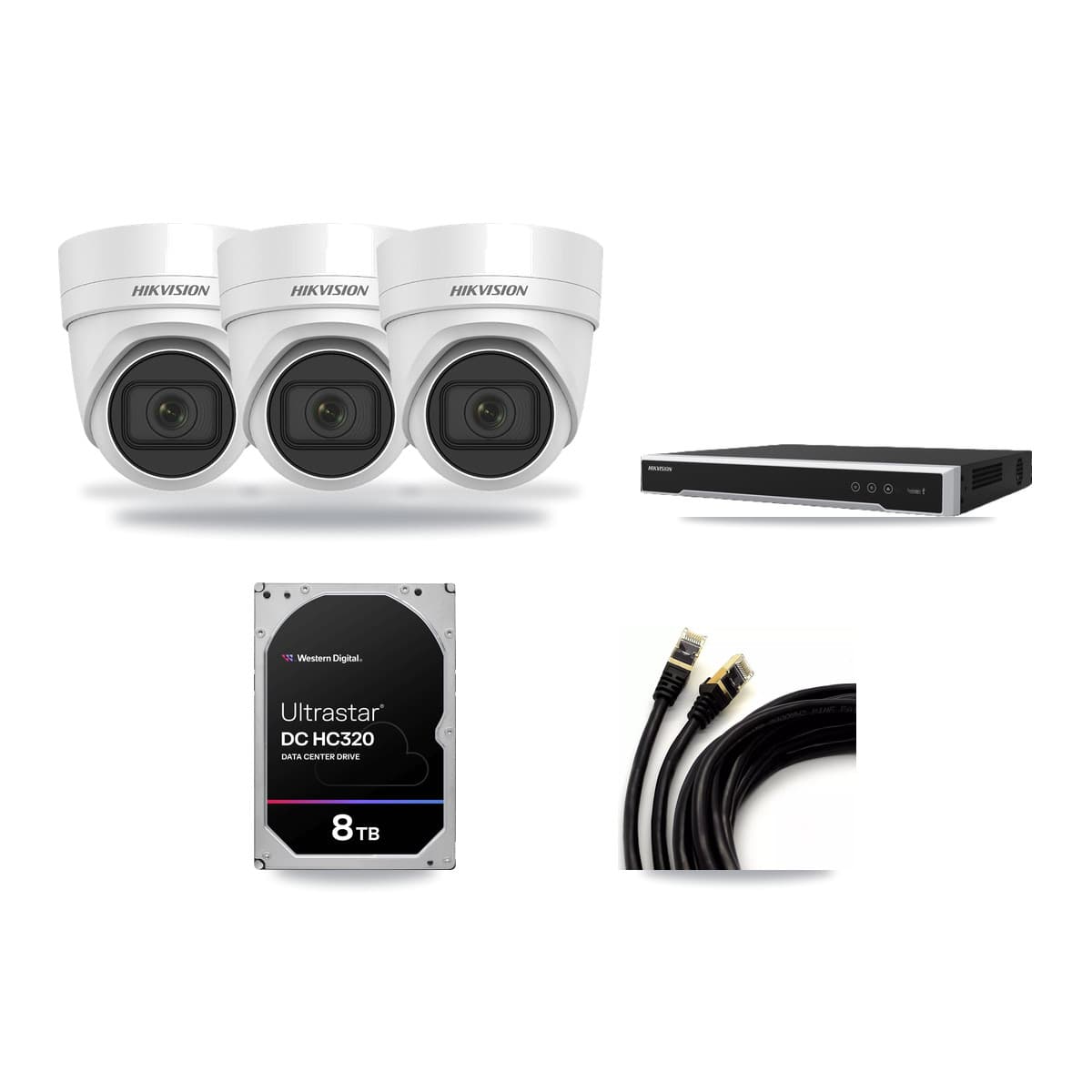 Hikvision 8-Channel 4K CCTV Kit — 3 DS-2CD2H83G0 Turret Cameras + 8TB Recording (DS-7608NI-M2 Recorder) - Image 1