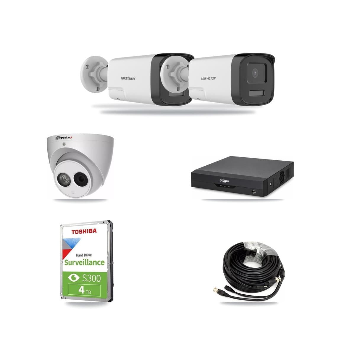 4-Channel 4MP – 5MP CCTV Kit — 2 DS-2CE17K0T 5MP Bullet + 1 PXC-612C4W-A 4MP Turret Cameras + 4TB Recording (DH-XVR5104HS Recorder) - Image 1