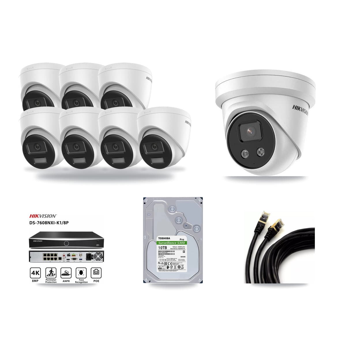 Hikvision 8-Channel 5MP – 4K CCTV Kit — 7 DS-2CD1383G2-LIUF/SL 4K + 1 DS-2CD3356G2-ISU 5MP Turret Cameras + 10TB Recording (DS-7608NXI-K1/8P Recorder) - Image 1