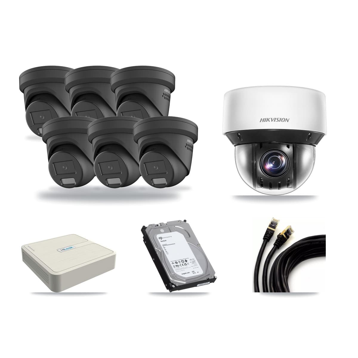 Hikvision & HiLook 8-Channel 4MP CCTV Kit — 6 Black DS-2CD2347G2 Turret + 1 DS-2DE4A425IW PTZ Cameras + 6TB Recording - Image 1