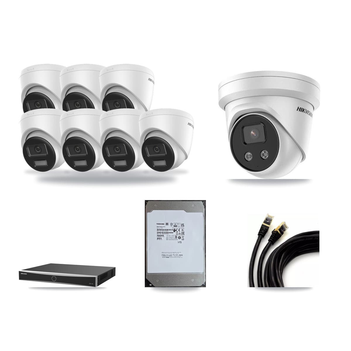 Hikvision 16-Channel 5MP – 4K CCTV Kit — 7 DS-2CD1383G2-LIUF/SL 4K + 1 DS-2CD3356G2-ISU 5MP Turret Cameras + 14TB Recording (DS-7616NXI-K2/16P(E) Recorder) - Image 1