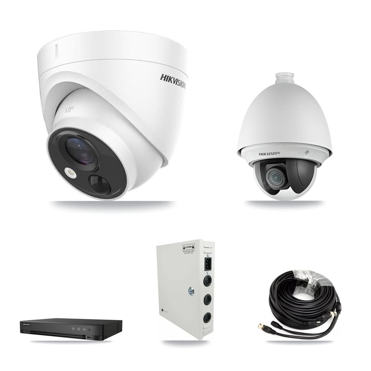Hikvision 4-Channel 2MP – 5MP CCTV Kit — 1 DS-2AE4225T 2MP PTZ + 2 DS-2CE71H0T 5MP Turret Cameras + 3TB Recording (IDS-7204HQHI Recorder)