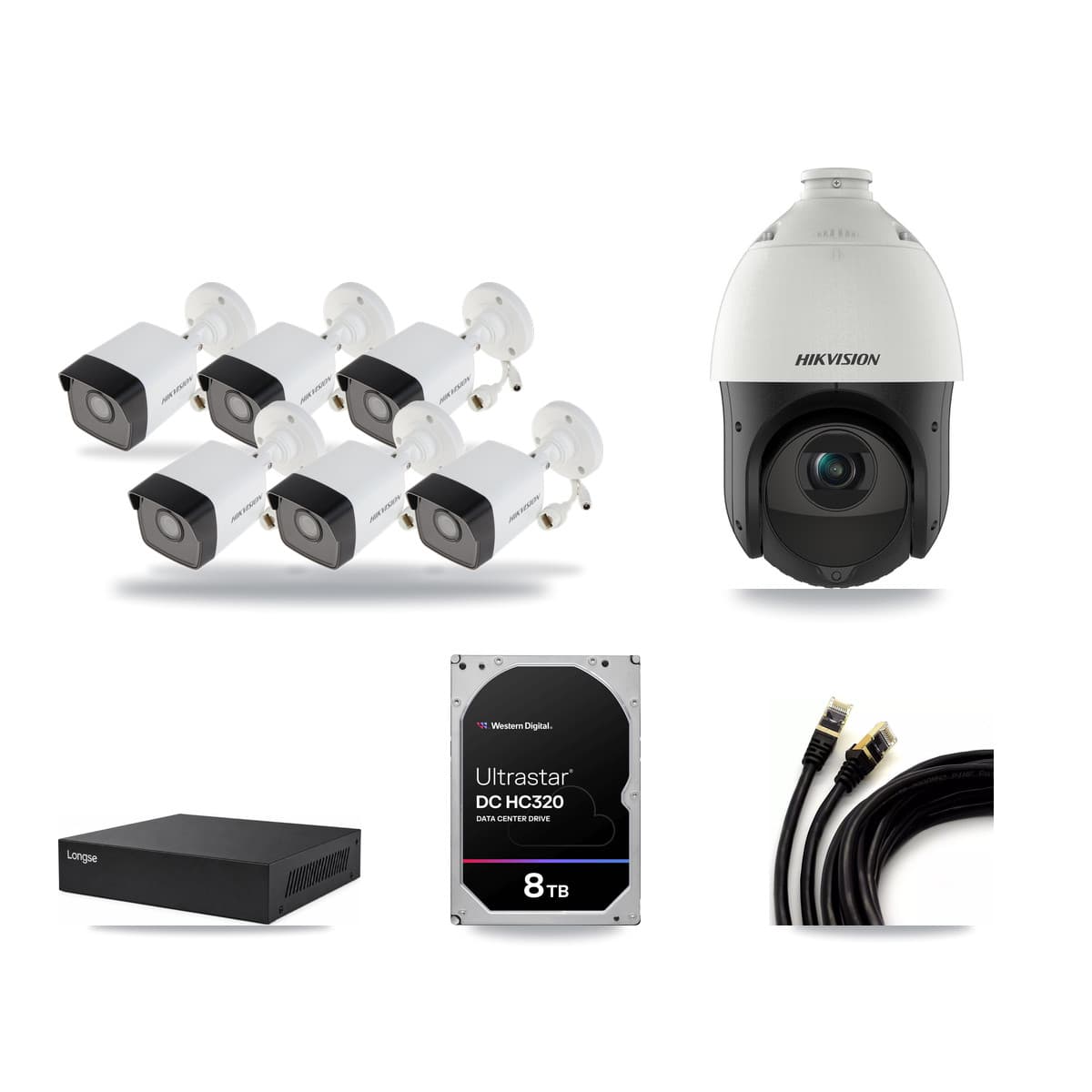 Hikvision & Longse 8-Channel 4MP – 5MP CCTV Kit — 6 5MP Bullet + 1 4MP PTZ Cameras + 8TB Recording - Image 1