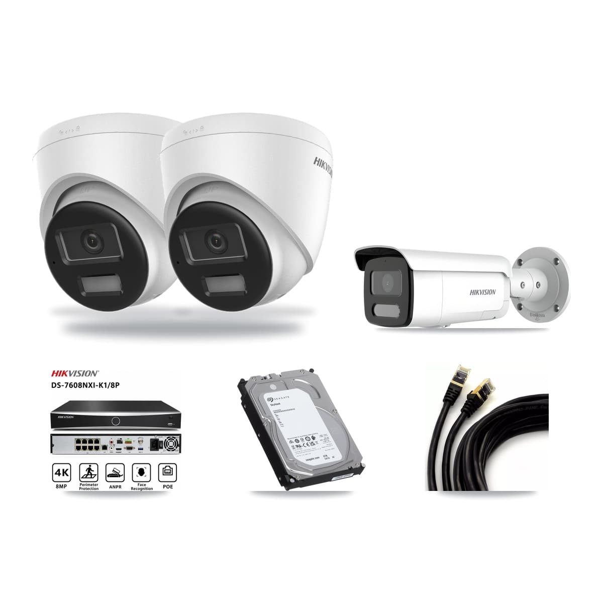 Hikvision 8-Channel 4MP – 4K CCTV Kit — 2 DS-2CD1383G2-LIUF/SL 4K Turret + 1 DS-2CD2T47G2H-LISU/SL 4MP Bullet Cameras + 6TB Recording (DS-7608NXI-K1/8P Recorder) - Image 1