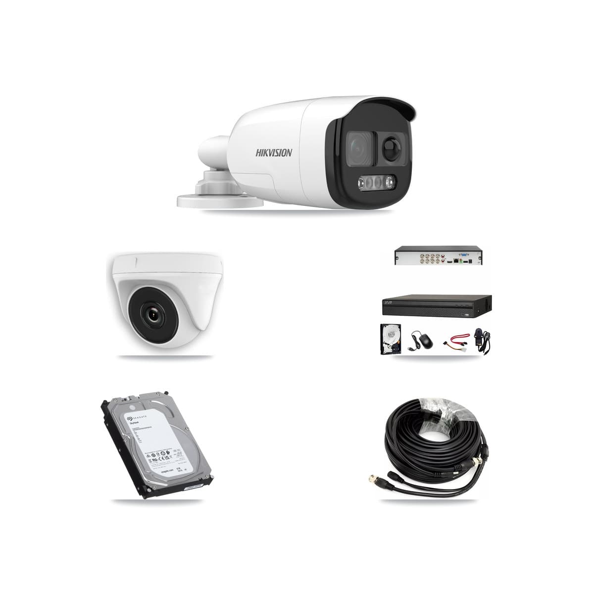 Hikvision & Dahua 8-Channel 2MP – 5MP CCTV Kit — 3 DS-2CE12KF3T 5MP Bullet + 1 White HDT-2MP-N20W 2MP Dome Cameras + 6TB Recording