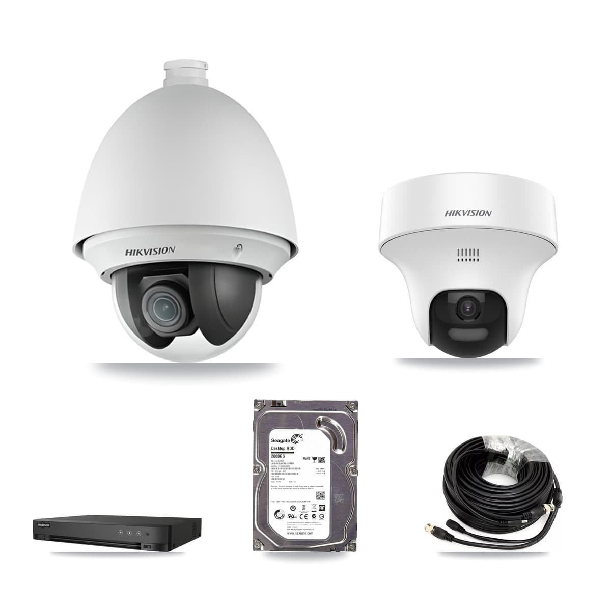 Hikvision 4-Channel 2MP – 5MP CCTV Kit — 1 DS-2AE4225T 2MP PTZ + 1 DS-2CE70K0T 5MP Turret Cameras + 2TB Recording (IDS-7204HUHI Recorder)