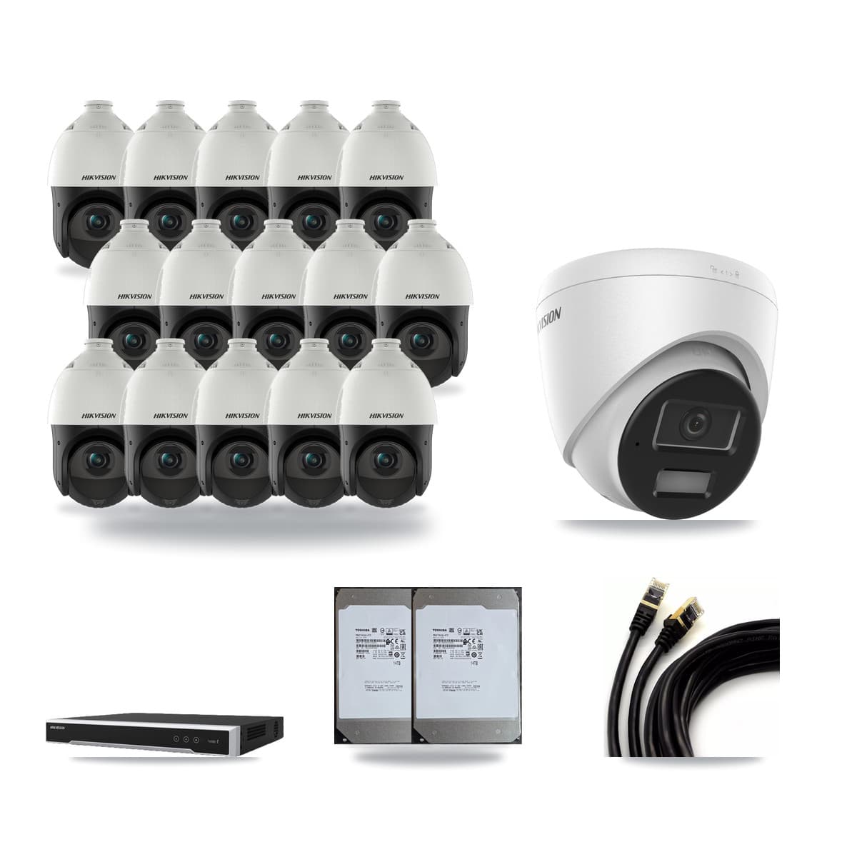 Hikvision 16-Channel 4MP CCTV Kit — 1 Turret + 15 PTZ Cameras + 2× 14TB Recording (DS-7616NI-M2 Recorder) - Image 1