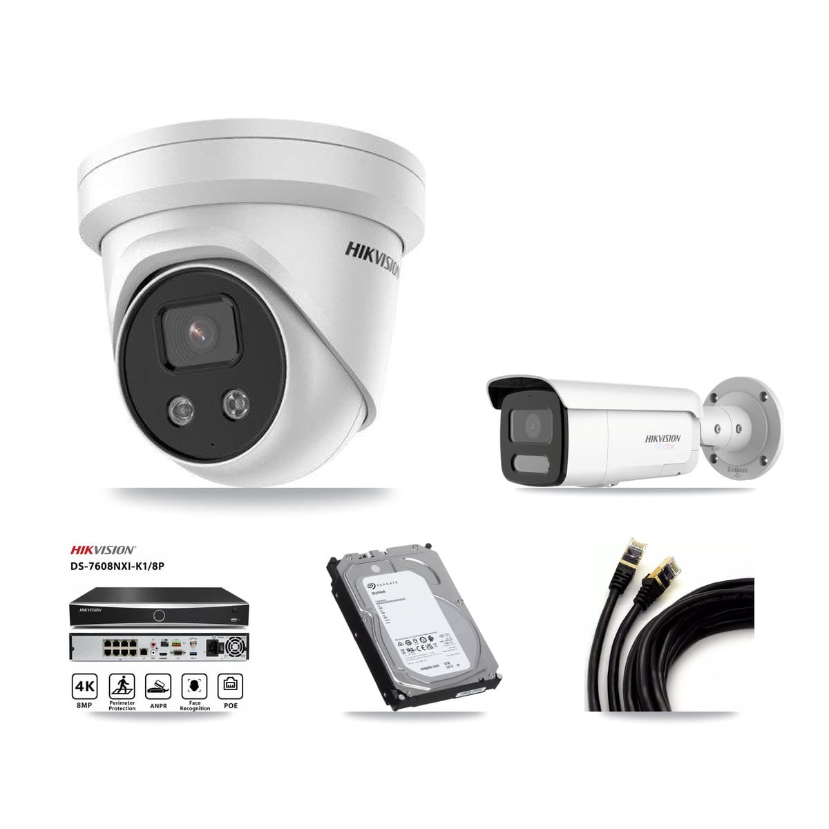 Hikvision 8-Channel 5MP – 4K CCTV Kit — 1 White 4K Bullet + 3 5MP Turret Cameras + 6TB Recording (DS-7608NXI Recorder)
