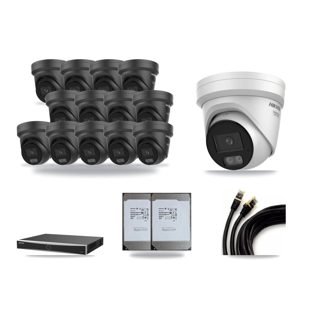 Hikvision 16-Channel 4K CCTV Kit — 1 + 13 Black Turret Cameras + 2× 14TB Recording (DS-7616NXI Recorder) - Image 1