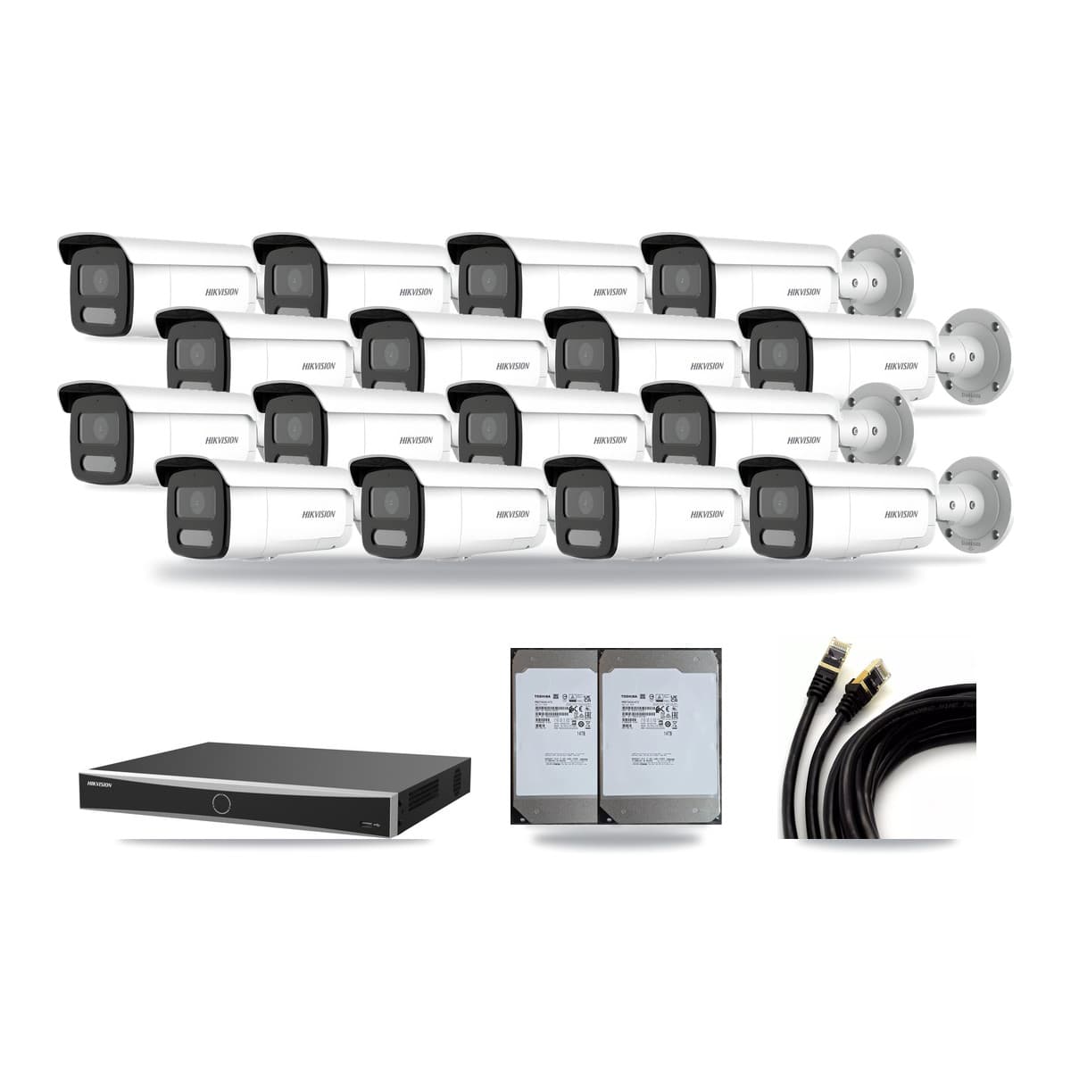 Hikvision 16-Channel 4MP – 4K CCTV Kit — 11 4MP + 5 White 4K Bullet Cameras + 2× 14TB Recording (DS-7616NXI Recorder) - Image 1