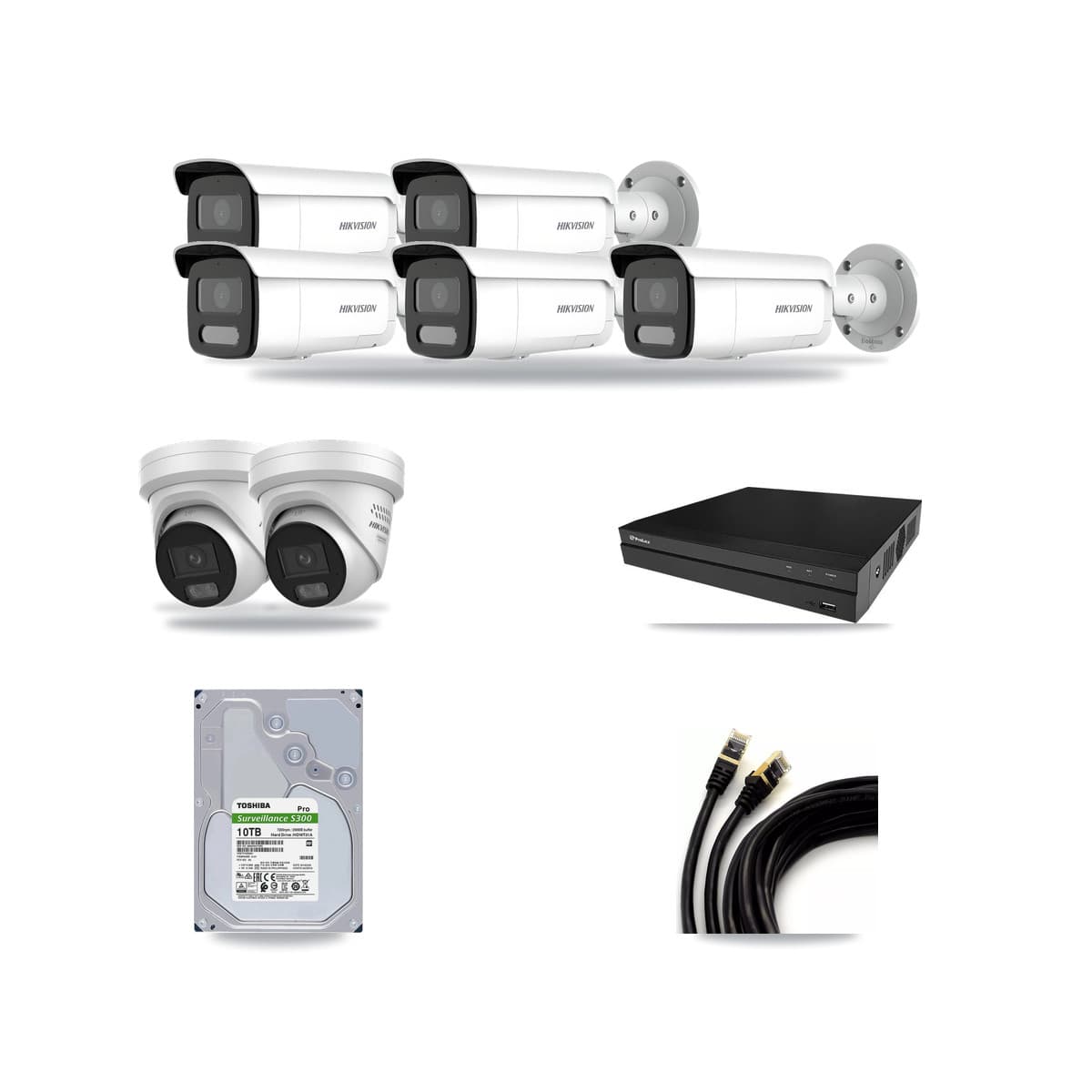 Hikvision & Prolux 8-Channel 4MP CCTV Kit — 2 DS-2CD2347G3 Turret + 5 DS-2CD2T47G2H Bullet Cameras + 10TB Recording - Image 1