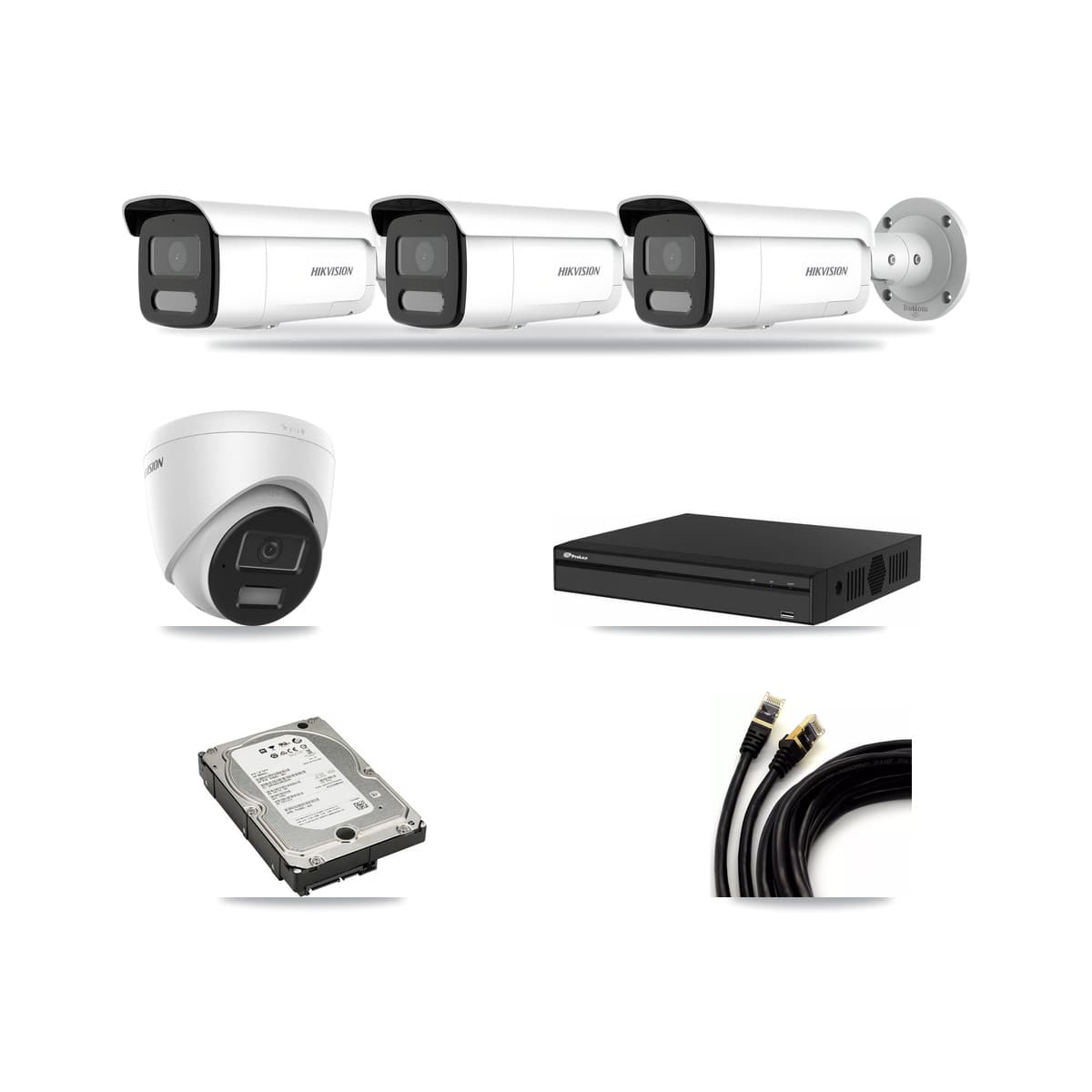 Hikvision & Prolux 4-Channel 4MP CCTV Kit — 1 DS-2CD1343G2 Turret + 3 DS-2CD2T47G2H Bullet Cameras + 5TB Recording - Image 1