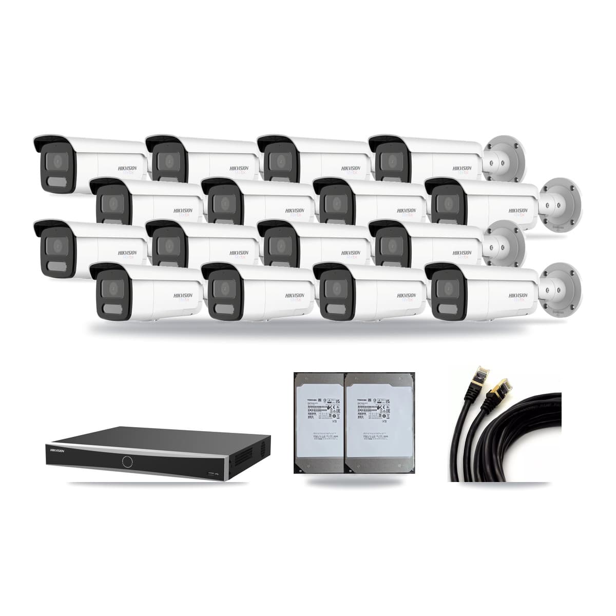 Hikvision 16-Channel 4MP – 4K CCTV Kit — 5 4MP + 11 White 4K Bullet Cameras + 2× 14TB Recording (DS-7616NXI Recorder) - Image 1
