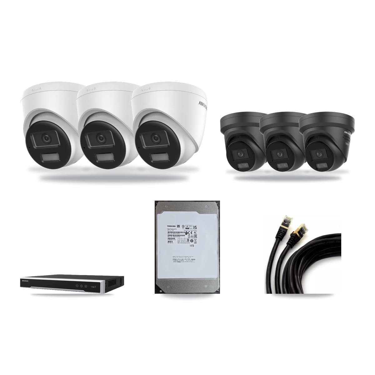 Hikvision 8-Channel 4K CCTV Kit — 3 DS-2CD1383G2 + 3 DS-2CD2387G3 Turret Cameras + 14TB Recording - Image 1