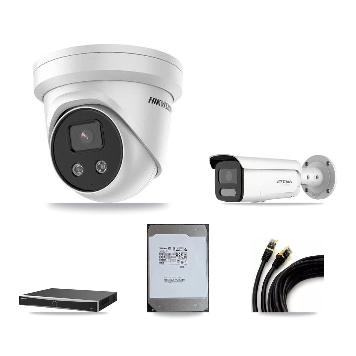 Hikvision 16-Channel 5MP – 4K CCTV Kit — 5 White 4K Bullet + 11 5MP Turret Cameras + 2× 14TB Recording (DS-7616NXI Recorder)