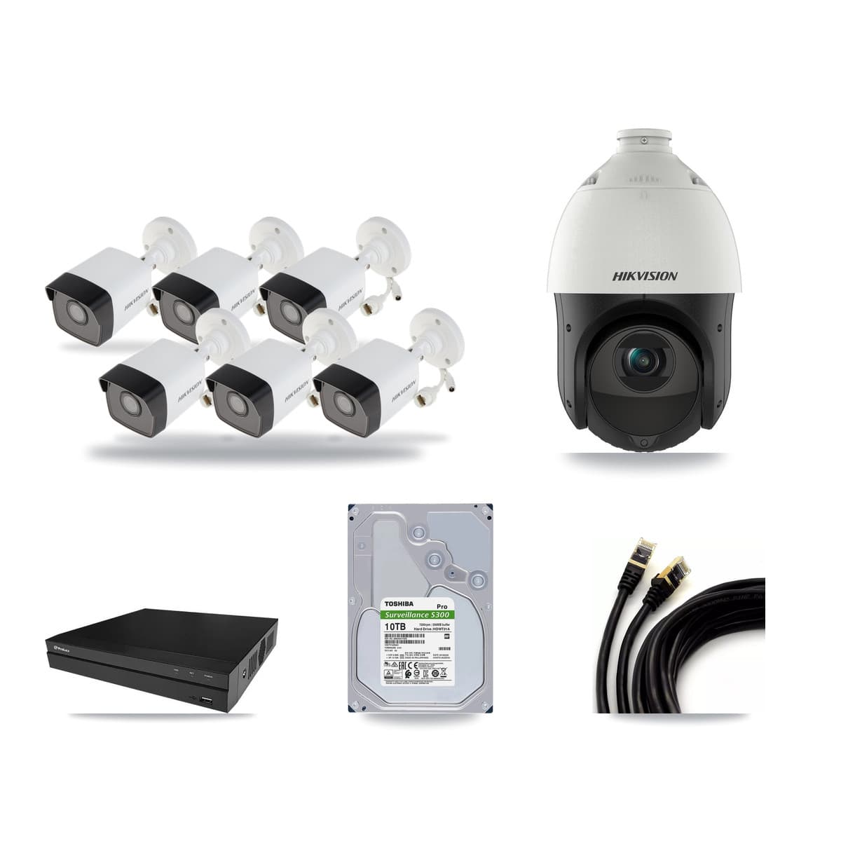 Hikvision & Prolux 8-Channel 4MP – 5MP CCTV Kit — 6 5MP Bullet + 1 4MP PTZ Cameras + 10TB Recording - Image 1