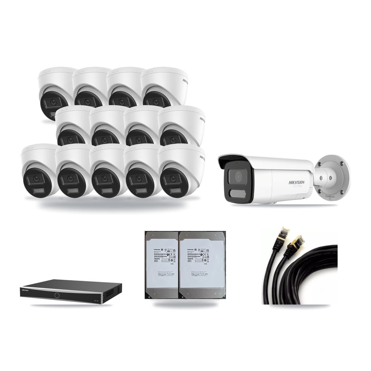 Hikvision 16-channel CCTV kit: 14 cameras (13× 4K Turret + 1× 4K Bullet), 2× 14TB hard drive