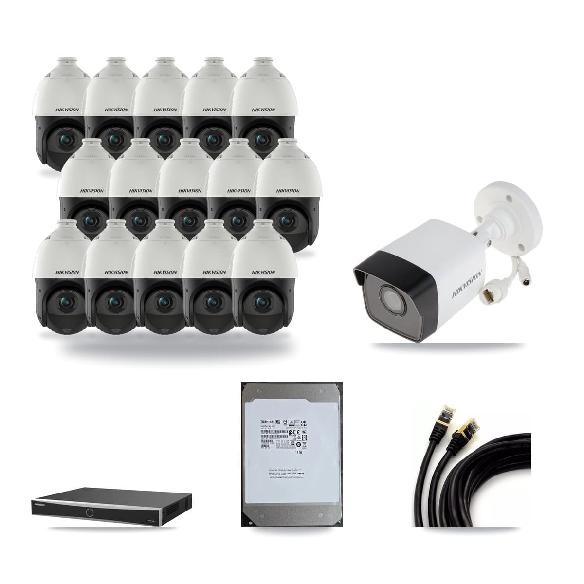 Hikvision 16-Channel 4MP – 5MP CCTV Kit — 1 5MP Bullet + 15 4MP PTZ Cameras + 14TB Recording (DS-7616NXI Recorder) - Image 1