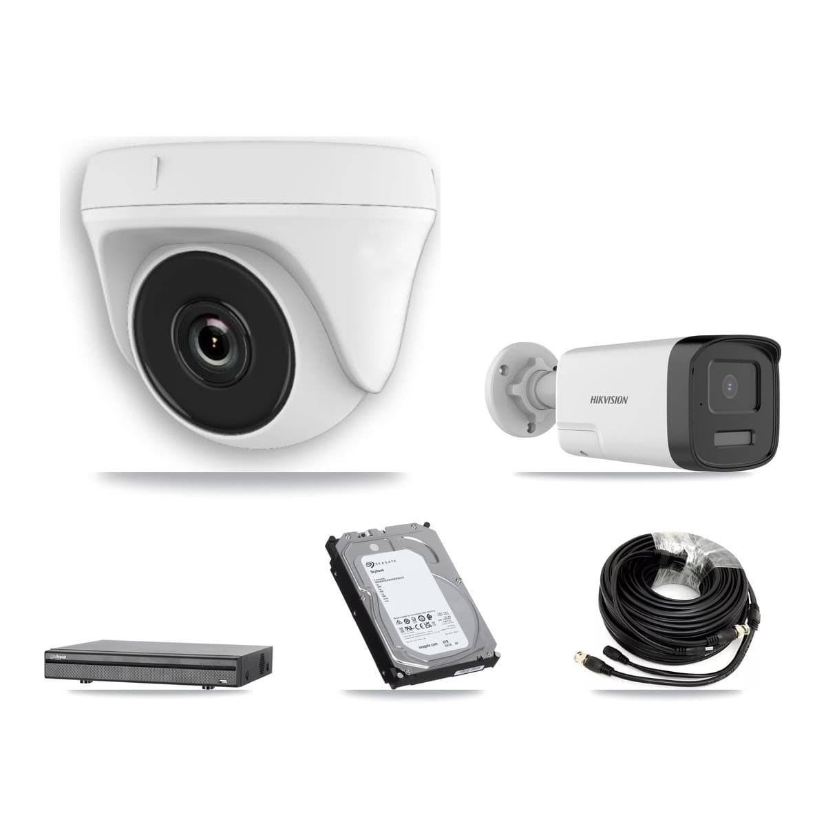 Hikvision & Dahua 8-Channel 2MP – 5MP CCTV Kit — 2 DS-2CE17K0T 5MP Bullet + 5 White HDT-2MP-N20W 2MP Dome Cameras + 6TB Recording (DH-XVR5108H Recorder)