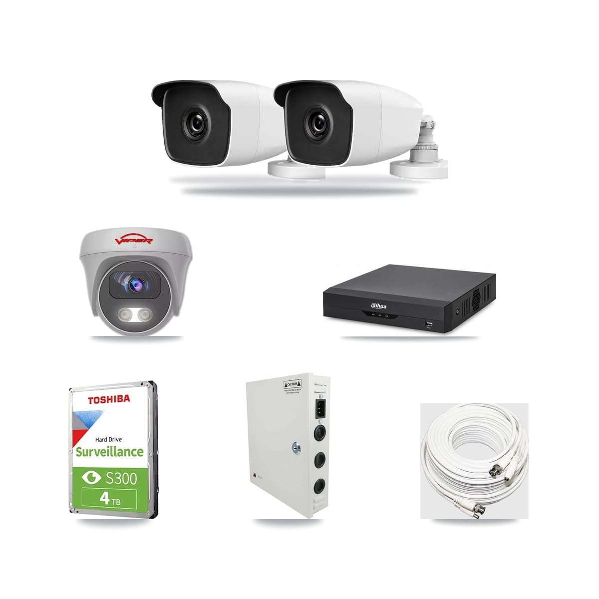 4-Channel 3MP – 5MP CCTV Kit — 2 3MP Bullet + 1 White 5MP Cameras + 4TB Recording (DH-XVR5104HS Recorder) - Image 1