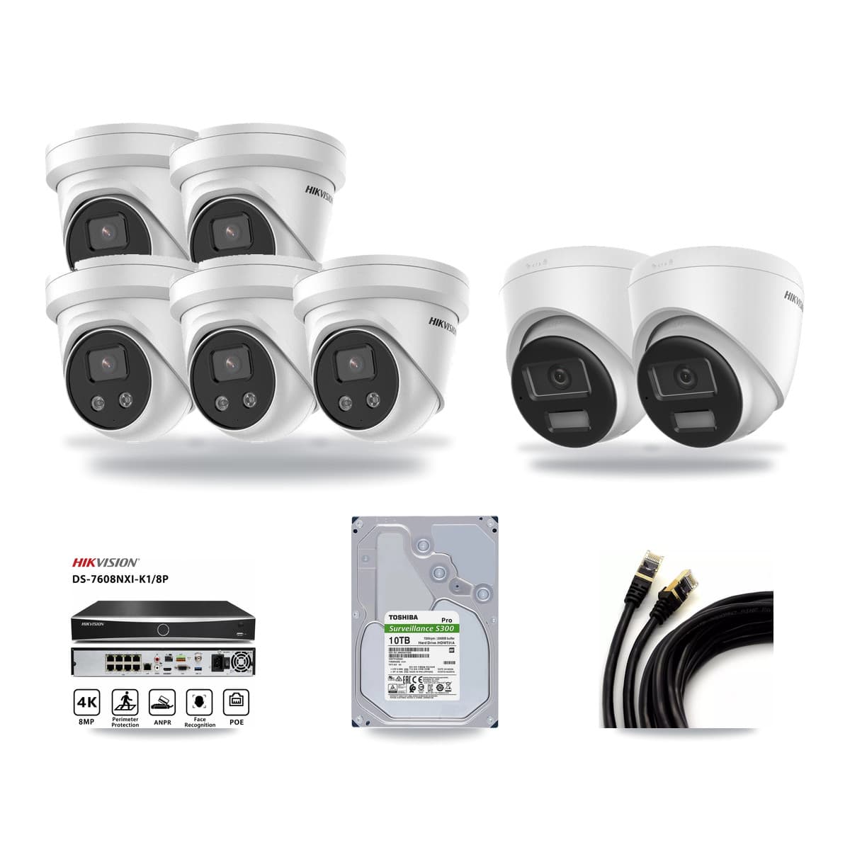 Hikvision 8-Channel 5MP – 4K CCTV Kit — 2 DS-2CD1383G2-LIU 4K + 5 DS-2CD3356G2-ISU 5MP Turret Cameras + 10TB Recording (DS-7608NXI-K1/8P Recorder) - Image 1