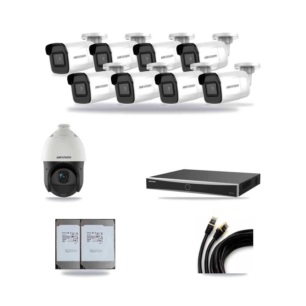 Hikvision 16-Channel 4MP – 4K CCTV Kit — 8 4K Bullet + 1 4MP PTZ Cameras + 2× 14TB Recording (DS-7616NXI Recorder) - Image 1